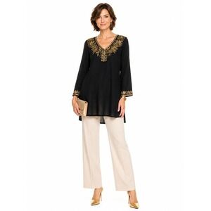 EAST Black Gold Embroidered V-Neck Tunic Top L Boho Chic Sequin Beaded Cotton